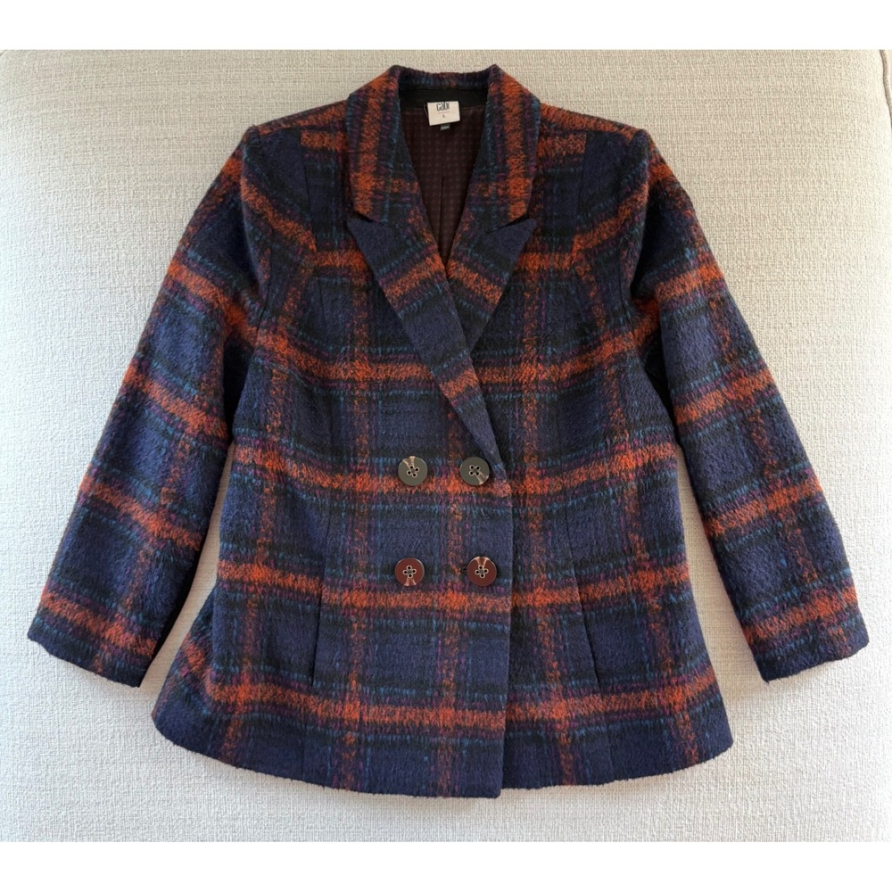 CAbi Double Breasted Plaid Multicolor‎ Wool Blend Peacoat Women's Large Academia
